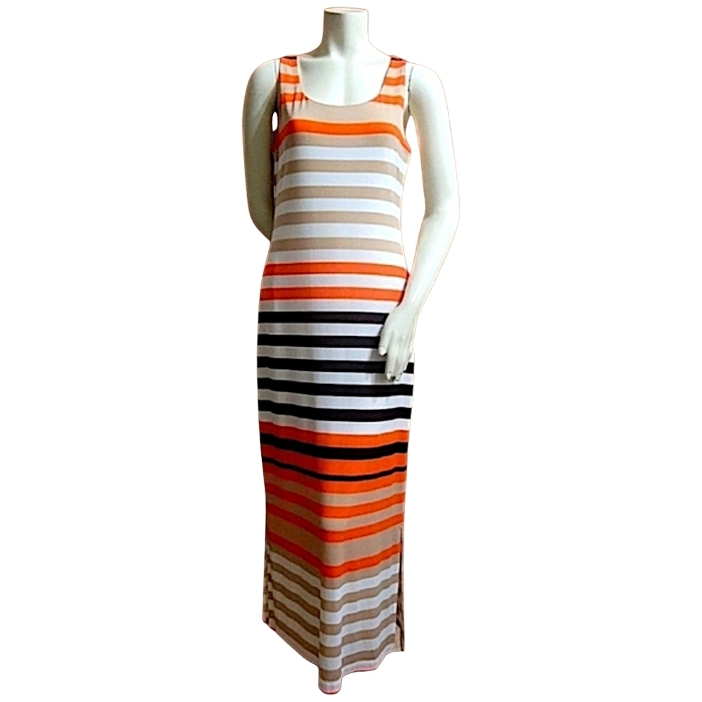 Jessica Howard Striped Maxi Dress - Sleeveless Orange, Black, White Size M